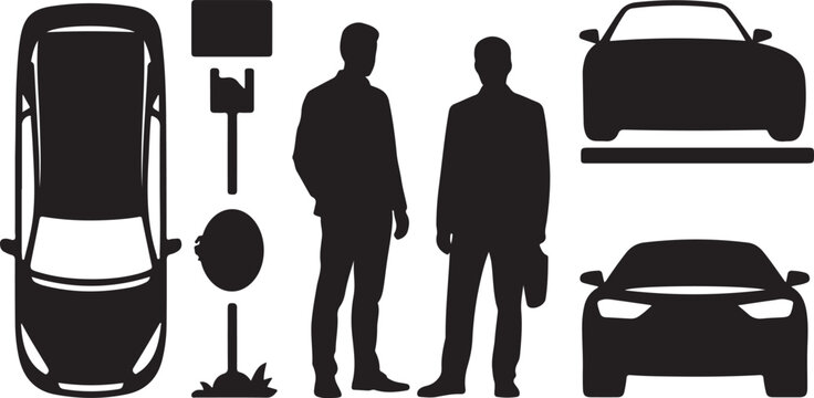 Collection of modern transport and business professional silhouettes including cars and two men in formal suits