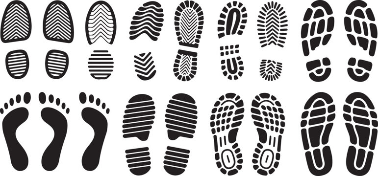 Detailed set of shoe sole tread patterns and human footprint shapes for industrial and detective themes