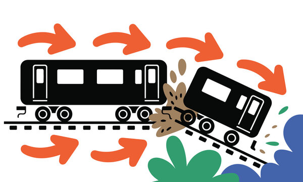 A cartoon illustration of a train crash with orange arrows indicating motion on a white background