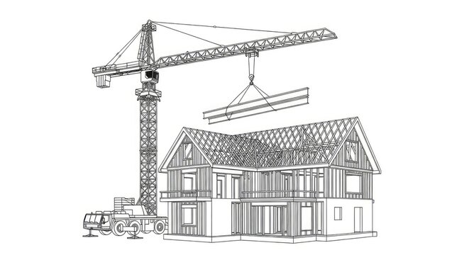 Construction site drawing of house and crane lifting girder against white