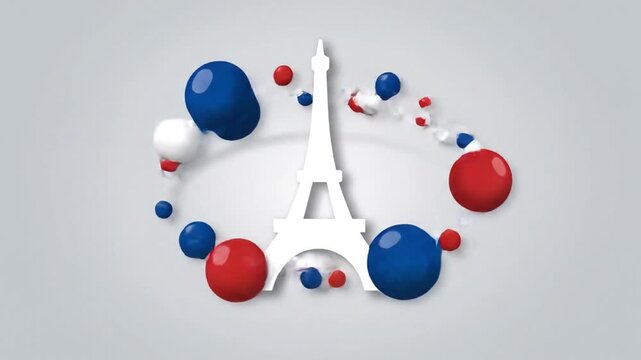 Celebrate Bastille Day with a stylized Eiffel Tower surrounded by festive red, white, and blue balloons
