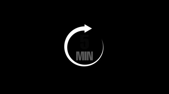 Circle arrow refresh icon with 5 minutes timer animation isolated on black background