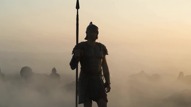 Ancient battlefield at dawn with a lone warrior silhouette emerging from drifting smoke, mystic atmosphere and soft diffused light creating a somber mood, slow pan video footage