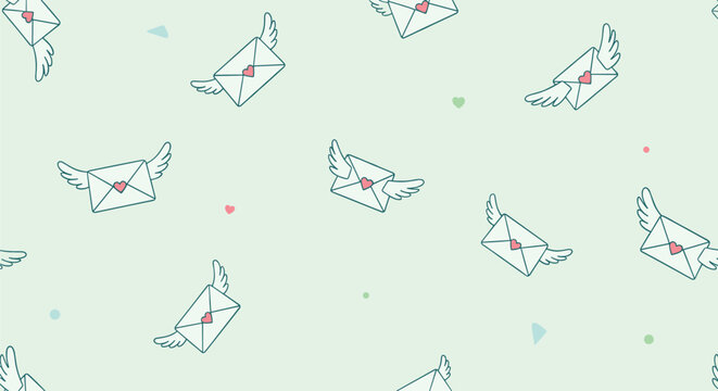 Whimsical seamless pattern featuring white envelopes with tiny red hearts and wings flying across a light green background with small dots and shapes.