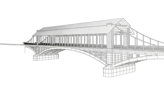 Architectural bridge drawing in wireframe style over water with reflections