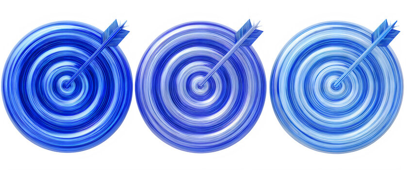 Three blue target icons with arrows hitting the center isolated on transparent background