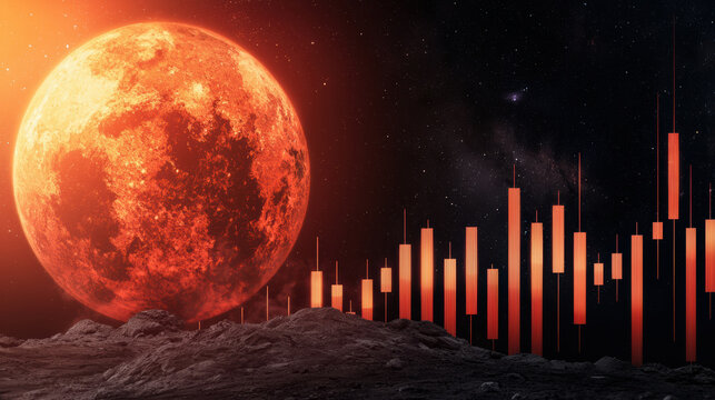 glowing red planet resembling Mars alongside a futuristic financial candlestick chart set against a cosmic, starry background.