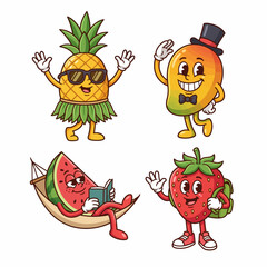 A playful arrangement of anthropomorphic fruit characters, each with their unique personality and charm, depicting fun and cheerfulness in a vibrant and cartoony art style. © Zejun