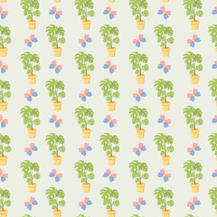 Seamless pattern with potted monstera plants and colorful paired butterflies on a soft cream background. Vibrant nature-inspired design, perfect for textiles, wallpaper, stationery, wrapping paper, an © Lipitorika