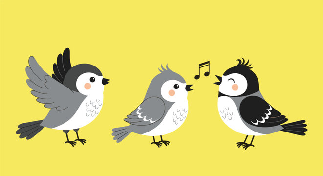 Adorable illustration of three small birds singing with musical notes on a bright yellow background for kids and nursery art.
