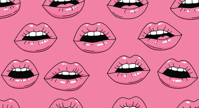 Stylish feminine pattern of pink lips showing teeth in a repeating design on a solid bright pink background for fashion themes.