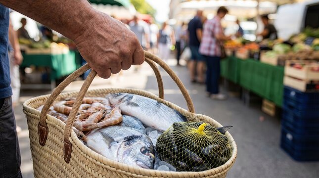 Hyperlocal Farmers Market, Fresh Seafood at Local Market in Woven Basket