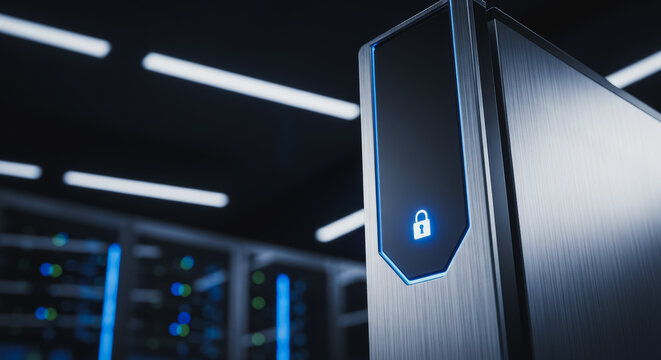 Secure Data Server with Glowing Padlock Icon in a Modern High-Tech Data Center Environment