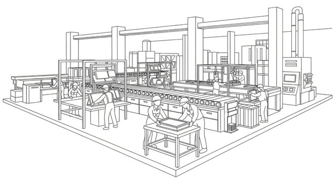 Factory production line detailed illustration of workers and machines