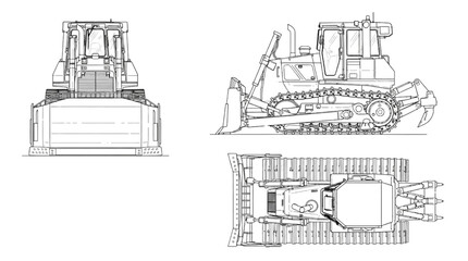 Obraz premium Bulldozer CAD Blueprint, Construction Vehicle Technical Drawing Front Side Top Views