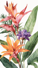 Obraz premium Tropical Watercolor Exotic Flowers Arrangement — Bird of Paradise, Heliconia, and Purple Iris with Green Leaves Botanical Illustration Wallpaper