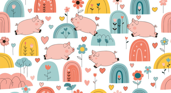 Playful seamless pattern with cute pink pigs jumping over colorful rainbows, hearts, and flowers on a white background.