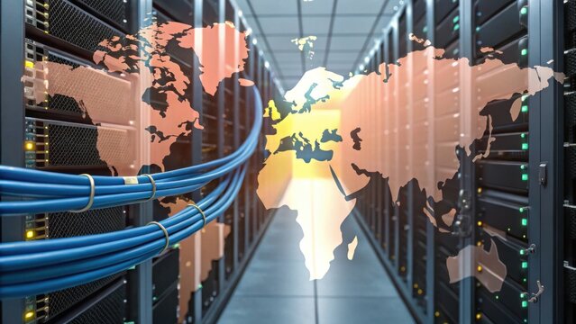 Server room with blue network cables and a digital world map overlay representing global data connectivity.