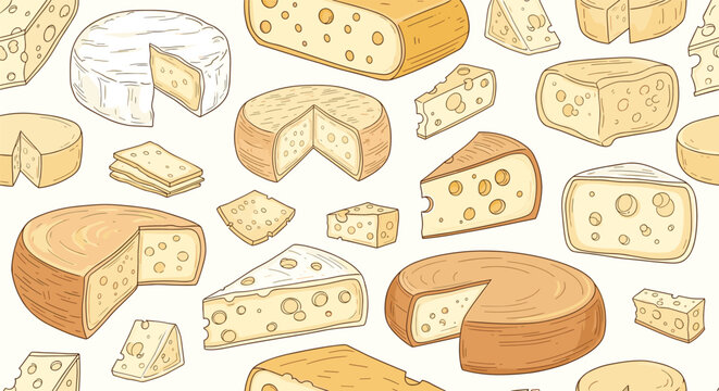 Delicious seamless pattern featuring various types of cheese including whole wheels, wedges, and slices with holes.