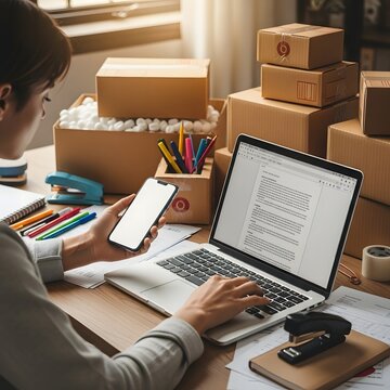 A busy workspace filled with various office supplies and electronic devices.