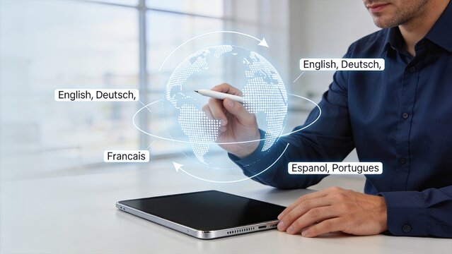 Businessman interacting with holographic digital globe displaying multilingual labels representing global communication and international technology concept of online language