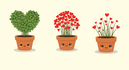 Fototapeta premium Three adorable heart shaped plants in terracotta pots with cute smiling faces representing different types of love.