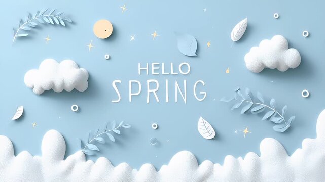 Spring season, garden park, flower, fresh, life. A digital illustration features a light blue background with the words HELLO SPRING in white capital letters.