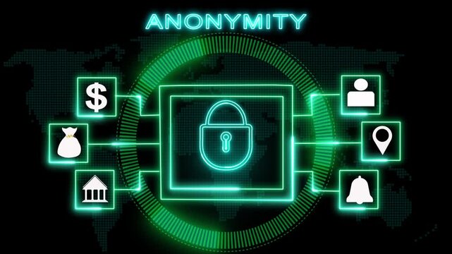 Glowing green cybersecurity concept with central padlock. Digital cybersecurity icons on map. Cybersecurity concept for online anonymity and identity protection.