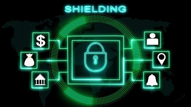 Glowing green cybersecurity shield with data icons. Digital cybersecurity shield on world map. Futuristic cybersecurity shield for global network protection.