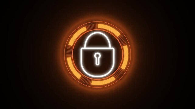 Glowing padlock icon in orange circular interface. Digital padlock icon for secure access. Futuristic padlock icon for cybersecurity and digital privacy needs.