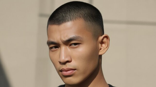 A young Asian man with a serious expression and a buzz cut hairstyle standing in front of a beige wall.