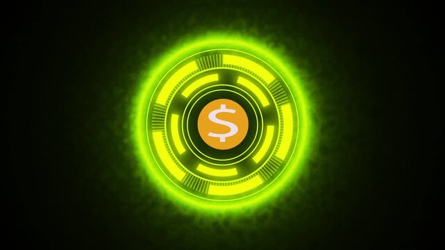 Neon green interface with orange dollar coin. Digital dollar coin for fintech. Modern dollar coin for cyber security payments and digital finance concepts.