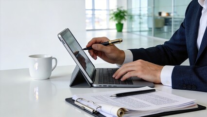 Fototapeta premium Businessman working on tablet in modern office using digital stylus with keyboard typing on device documents and coffee cup on white desk
