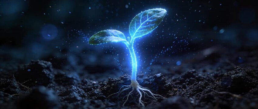 Sprout seedling plant dark soil with glowing blue light and visible root system, fantasy magic nature scene symbolizing new life and growth, futuristic biotechnology eco cyber agriculture innovation