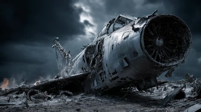 Wreckage of a fighter jet on the battleground. Military aircraft crash in a war zone under a dark storm sky. Dramatic scene of destruction and conflict theme.