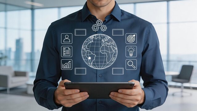 Businessman holding tablet digital hologram of earth globe with gears target lightbulb chart icons modern office window background global strategy technology concept innovation