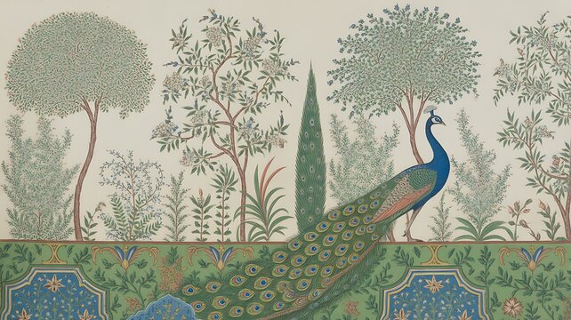 Traditional Mughal garden painting featuring a peacock and botanical elements Mural wallpaper design with a detailed landscape illustration