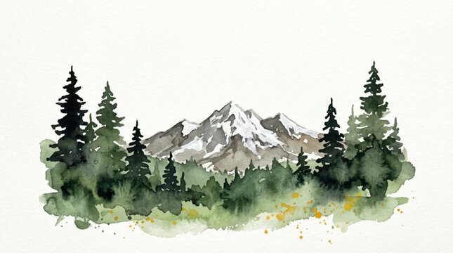 Watercolor painting of majestic mountains framed by dark evergreen trees