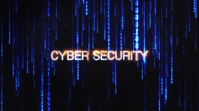 Cyber Security golden text glitch effect cinematic title with blue neon digita on black abstract background.