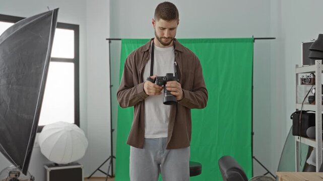 Man holding camera with hand on forehead and looking down beside green screen and lighting setup in studio; frustration uncertainty editing.