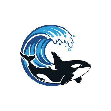 Stylized orca killer whale swimming in a curling blue wave illustration