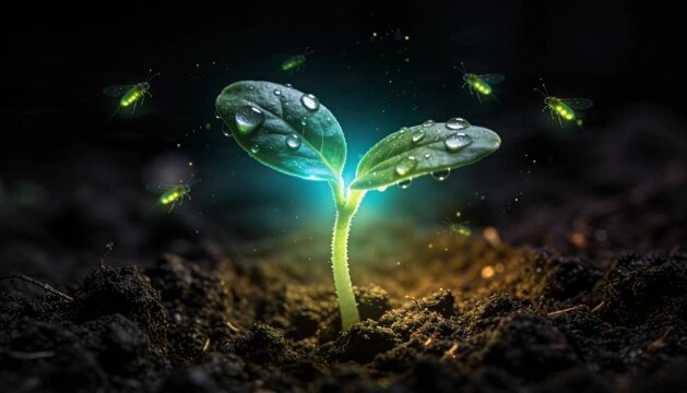 Sprout seedling young plant green leaf water drop soil ground nature growth hopeful sprout and seedling emerging from dark soil with dew droplet and glowing firefly light creating magical night