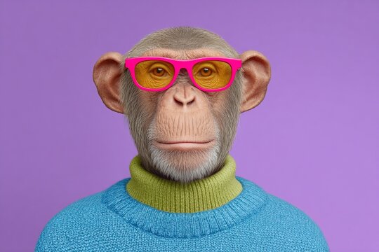 Chic monkey in colorful glasses poses on a purple backdrop