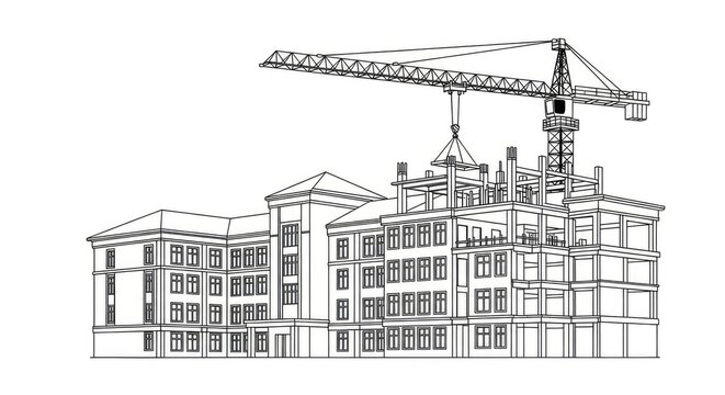 Construction site with crane building a structure against a white background