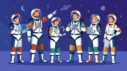 A group of diverse astronauts stands together in a cosmic landscape, highlighting the unity and exploration spirit of humanity in the vastness of space amidst planets and stars. © Suling