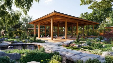 Fototapeta premium Serene Japanese Garden Pavilion: Tranquility and Nature