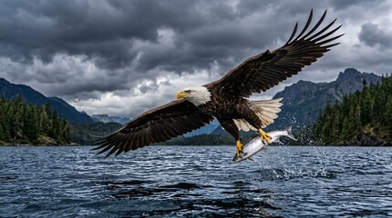 Obraz premium Magnificent bald eagle swoops low over a dark blue lake gripping a freshly caught silver fish with its talons under stormy grey rain clouds.