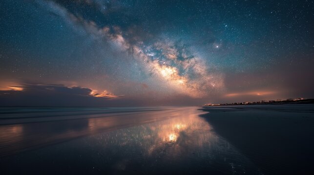 Milky Way galaxy over a beach with reflection on wet sand and distant lights from buildings Night sky filled with stars and calm ocean waves