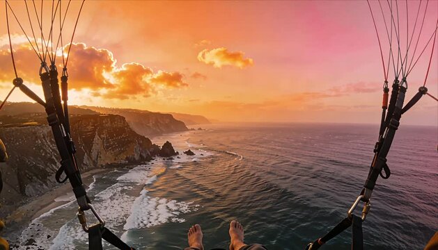 Paragliding coastline sunset ocean sky cliff beach adventure travel freedom POV over rugged coastal cliff and calm ocean waves, vivid golden sunset sky and pink clouds aerial view capturing relaxing