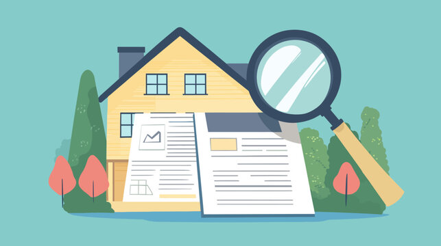 Colorful illustrated house with documents being inspected by a magnifying glass, surrounded by trees